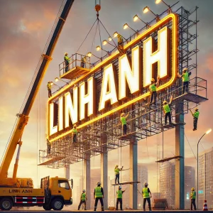 DALL·E 2024 12 22 21.27.35 An image depicting a large outdoor advertising sign installation process for Linh Anh. Workers in safety gear are carefully mounting a brightly illu