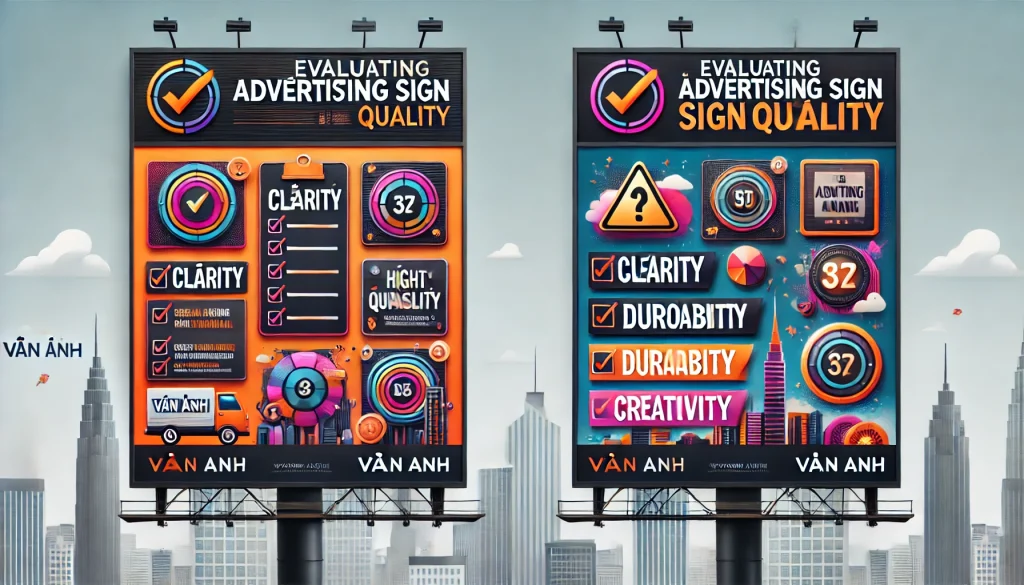 DALL·E 2024 12 23 08.19.54 Two creative billboard designs for a brand named Van Anh showcasing the theme of evaluating advertising sign quality. The first design features a v