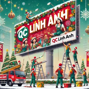 DALL·E 2024 12 24 12.19.16 A festive Christmas themed illustration featuring a cheerful team of advertising construction workers actively installing a signage board wearing hol