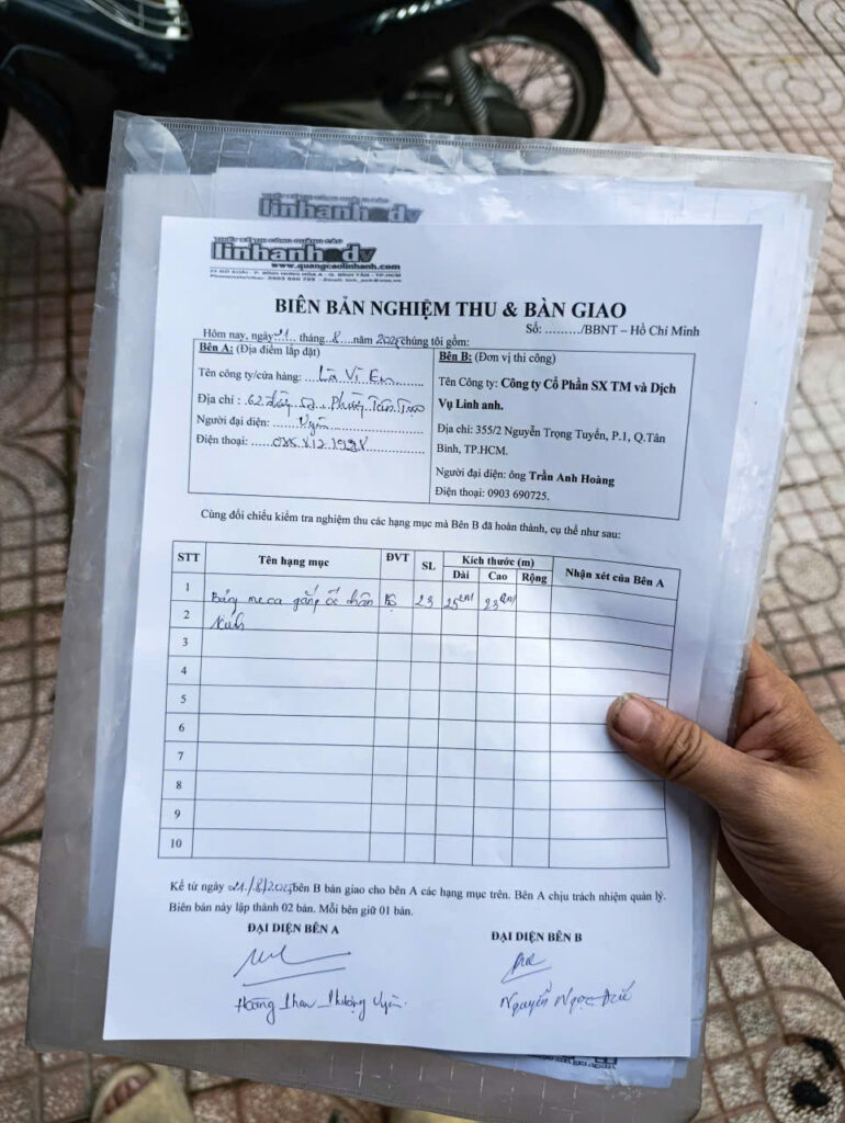 Thi Công Bảng Mica Gắn Ốc Chân Kính 4 BIỂN NGHIỆM THU Thi Công & Bàn Giao bang Bảng Mica Gắn Ốc Chân Kính, thi cong quảng cáo linh anh