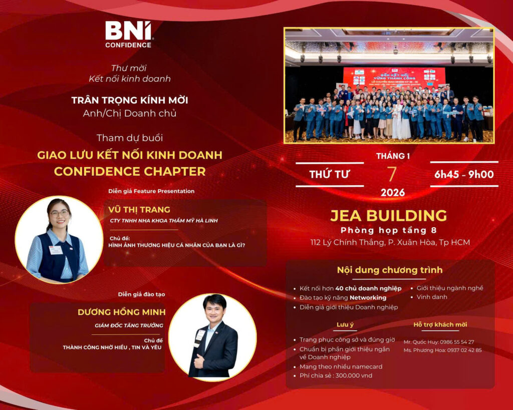 THƯ MỜI THAM DỰ HỌP BNI CONFIDENCE CHAPTER , THỨ TƯ TUẦN NÀY (07/01/2026)